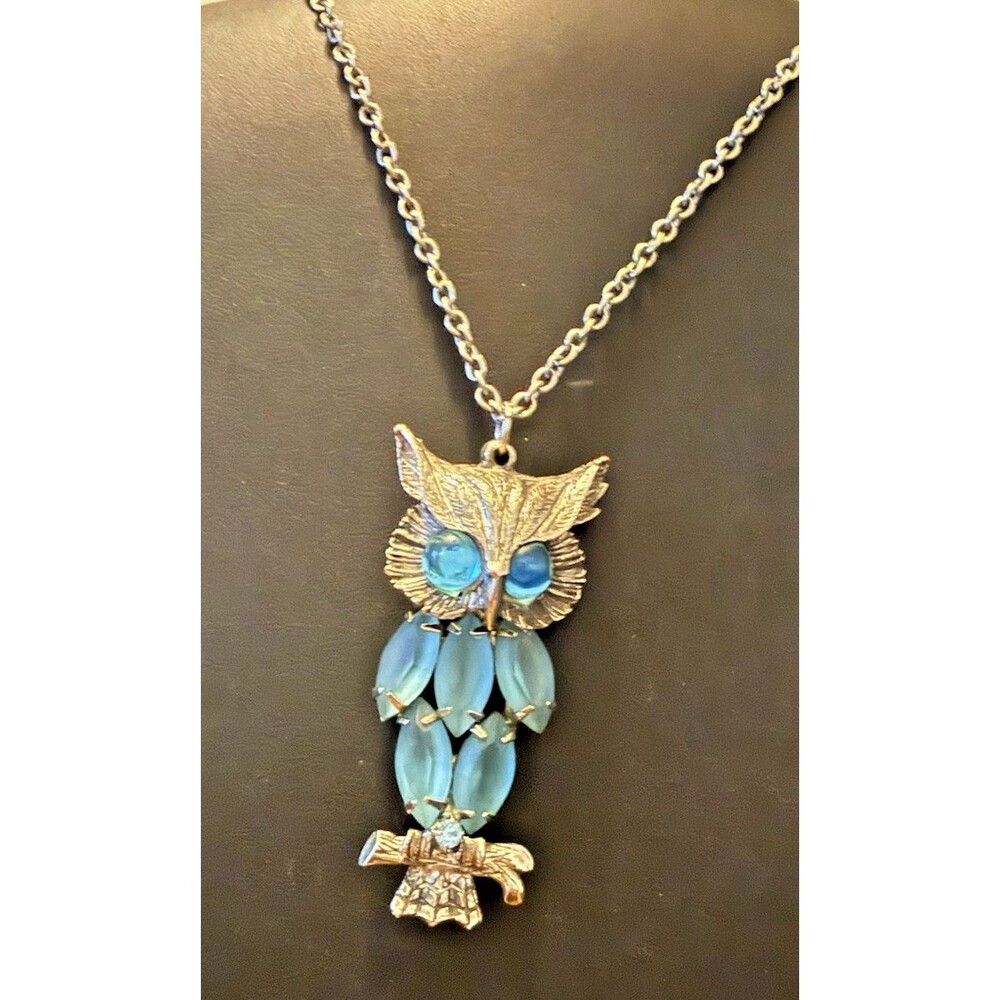 Vintage Owl Blue Rhinestone Silver Tone Articulated Necklace 32"